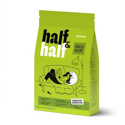 Сухой корм Half&Half для кошек с чувствительным пищеварением, с индейкой, 8 кг 20833 фото