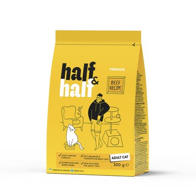 Сухой корм Half&Half для взрослых кошек, с говядиной, 300 г 20956 фото